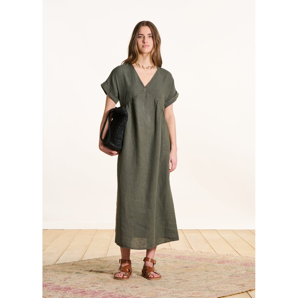 Robe longue ample en lin manches courtes cypres, LA FEE MARABOUTEE