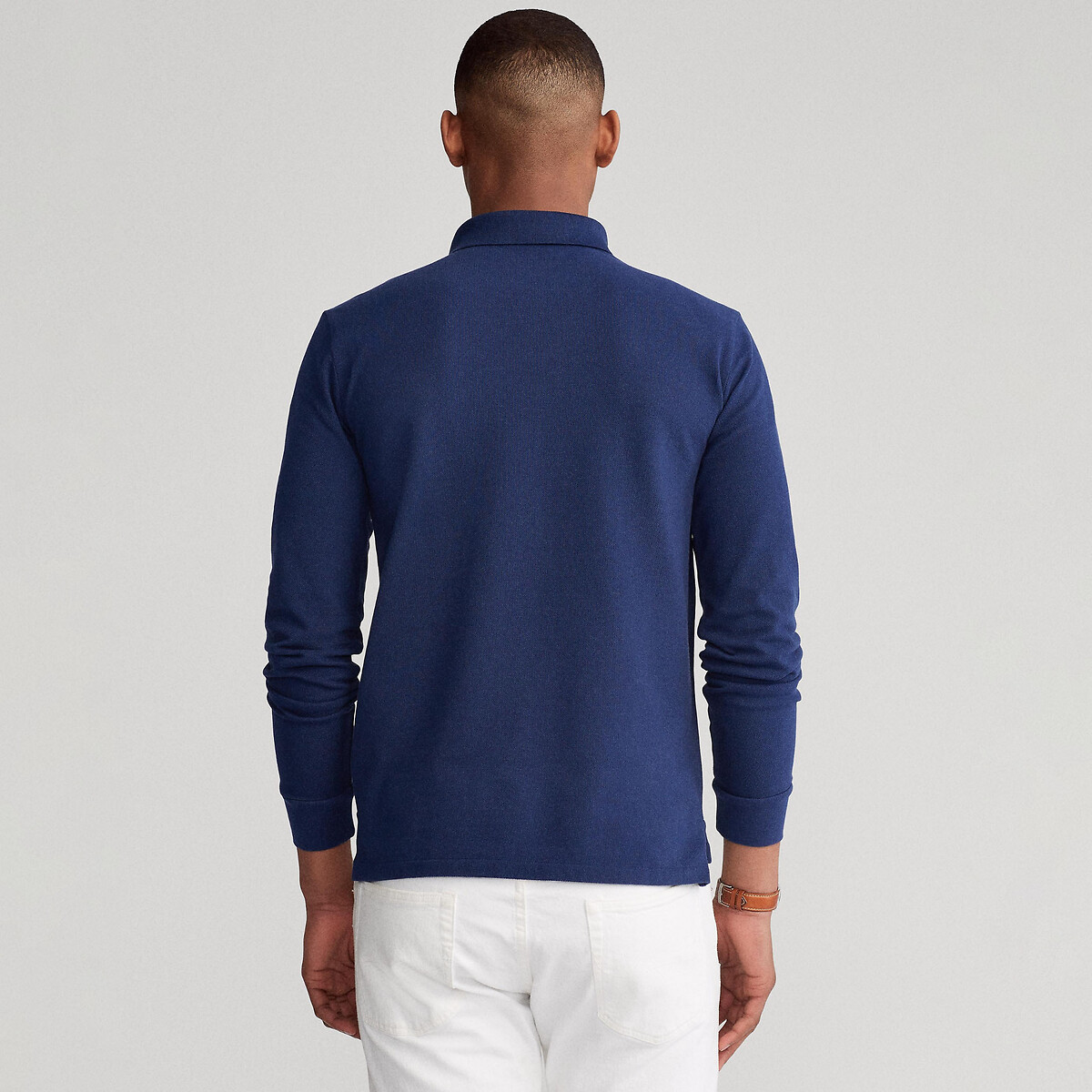 Pólo de manga comprida em piqué azul escuro, POLO RALPH LAUREN