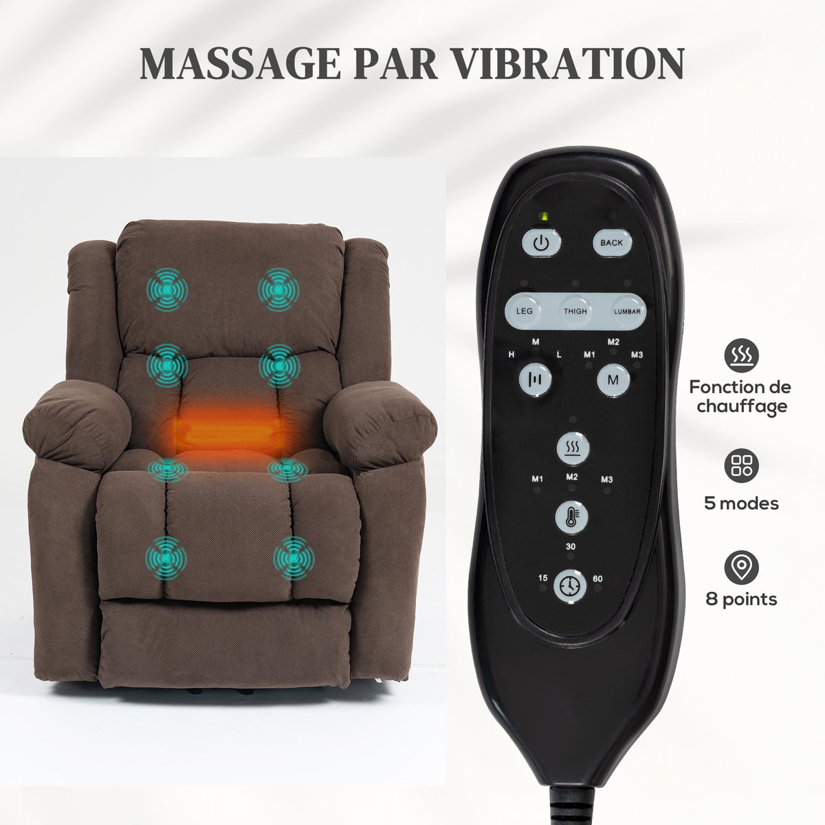 Fauteuil releveur électrique Velours (100% marron, HOMCOM