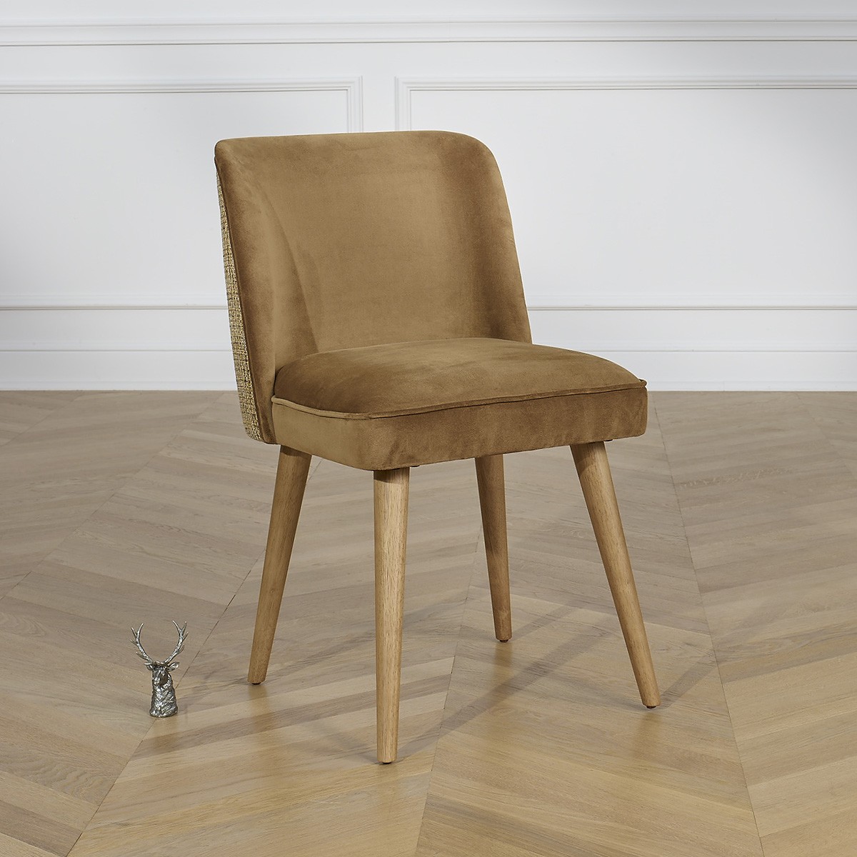 Lot de 2 chaises en hévéa, tweed et velours APOLLINE camel, ROBIN DES BOIS