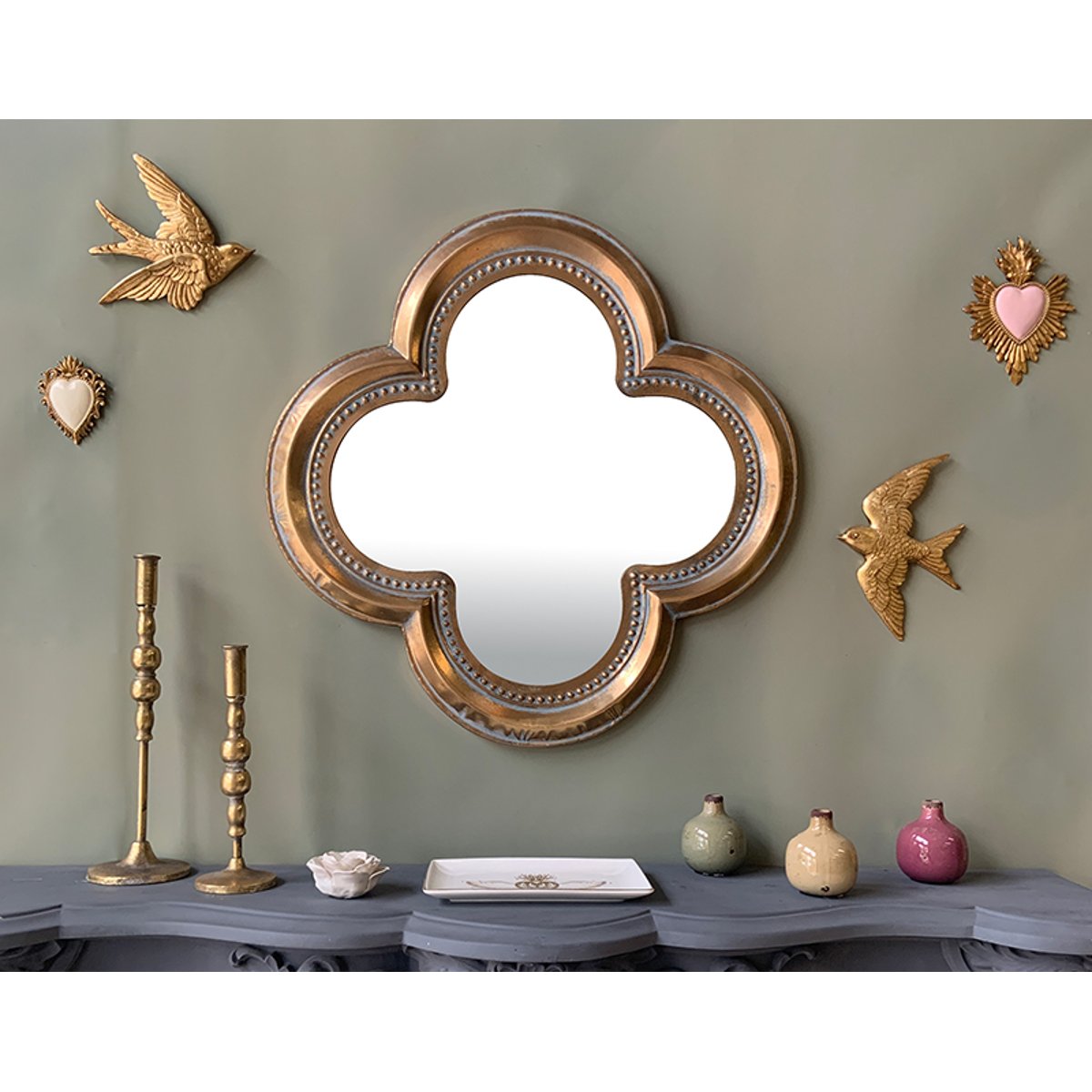Miroir trèfle métal 66cm or, EMDE
