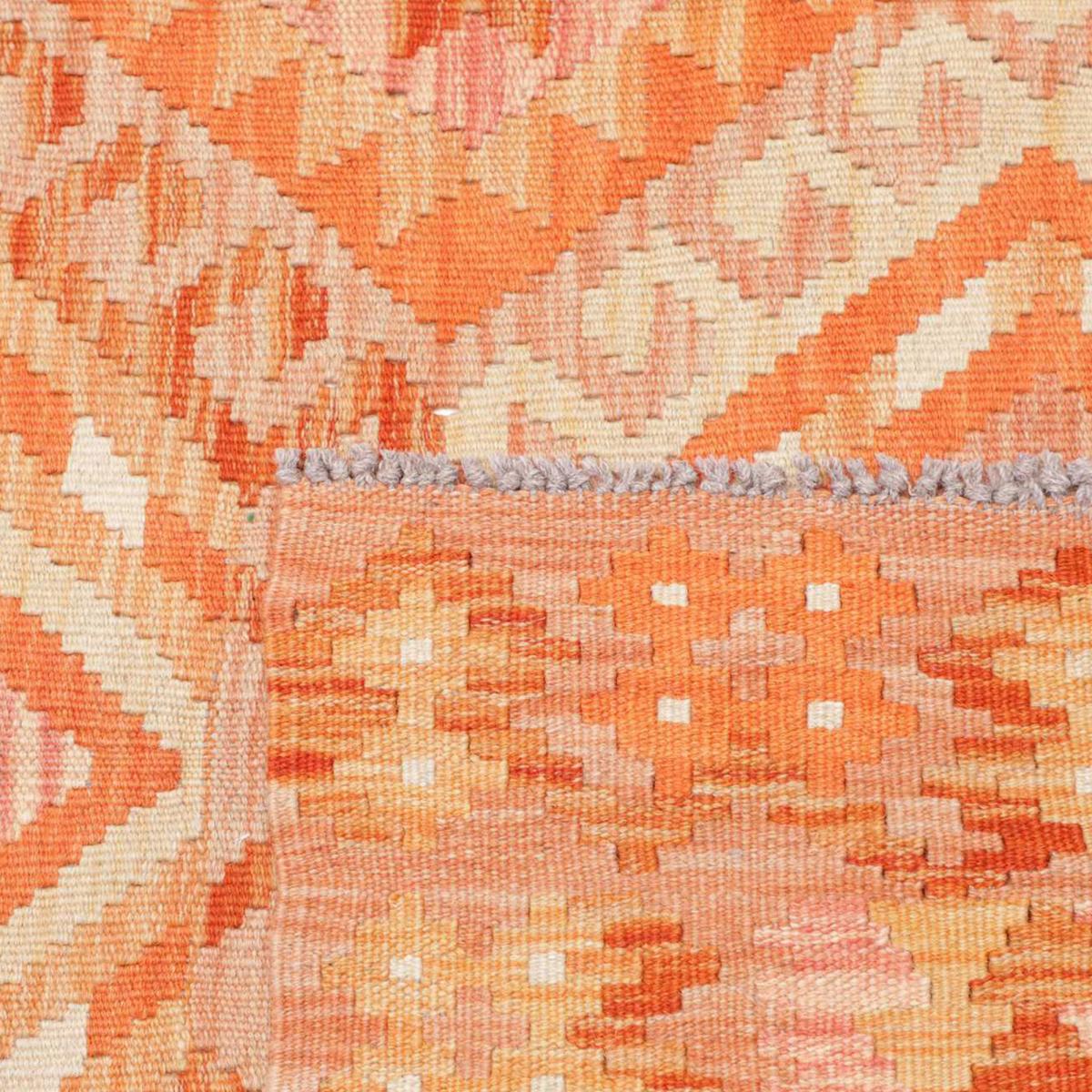 Tapis kilim géométrique, tissé plat en laine, KILIM 58 orange, beige, rouge, UN AMOUR DE TAPIS