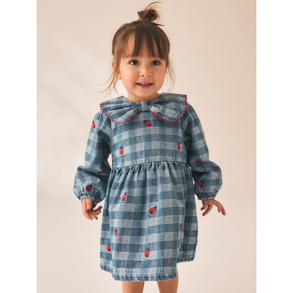 Robe à col et coccinelles brodées motifs en denim bleu, NEXT