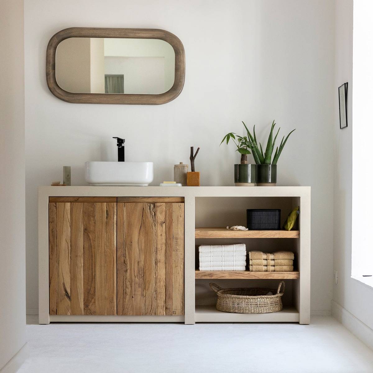 Meuble sous vasque en bois effet béton DALVA bois clair, MADE IN MEUBLES
