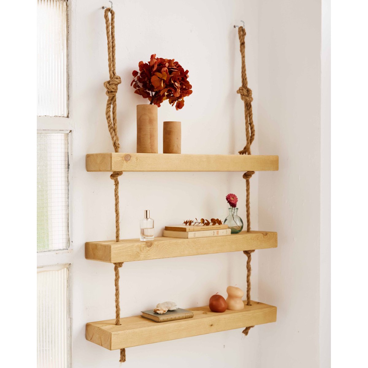 Étagère murale en bois massif olive 3 étagères 100 cm - MAKEMBA olivier, HANNUN