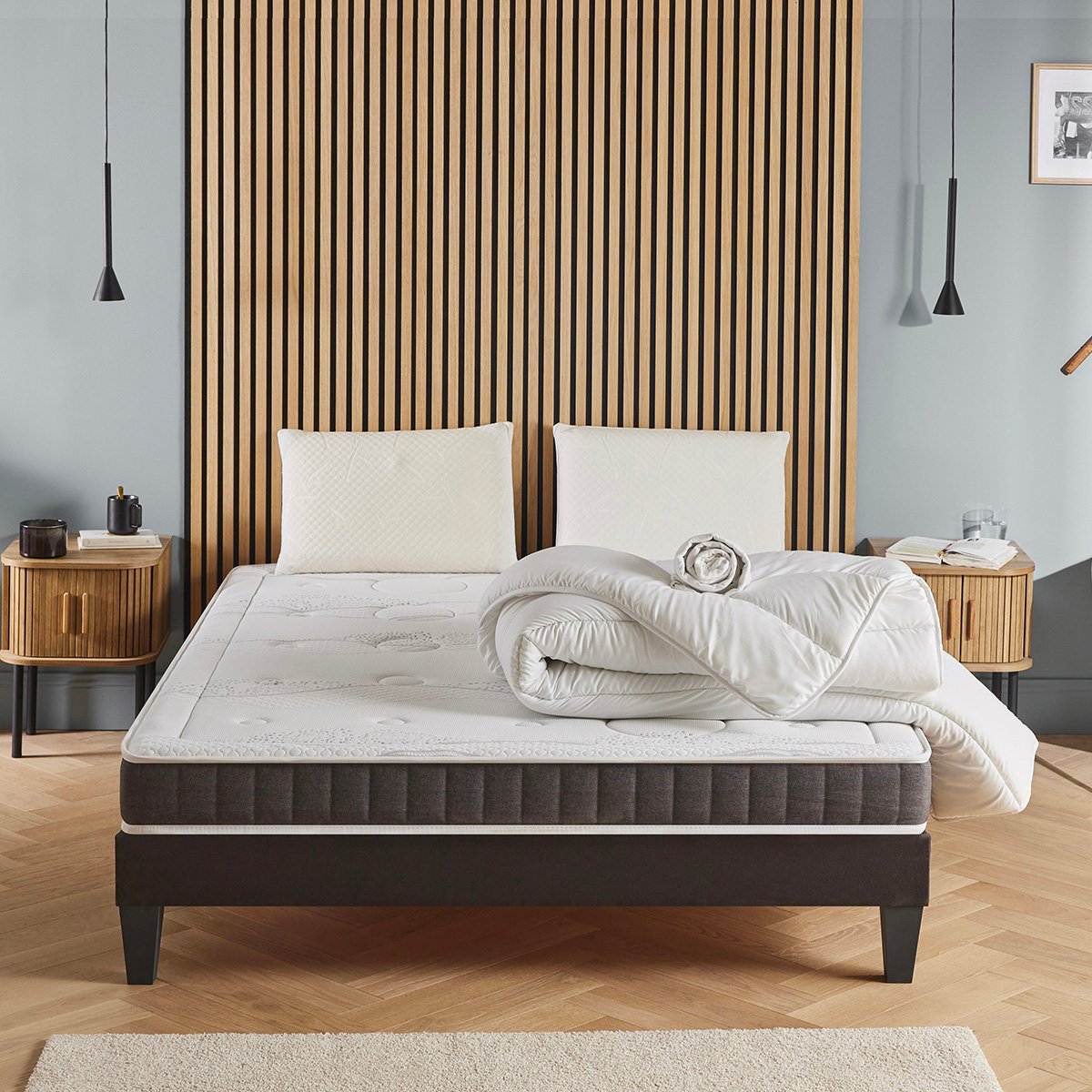 Pack Intuition 140x190 cm Matelas Mousse + Sommier Bois + Accessoires blanc, OLYMPE LITERIE