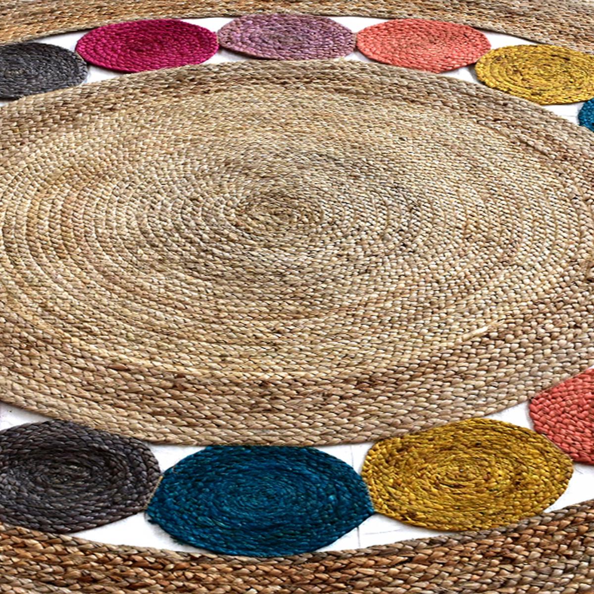 Tapis rond fait à la main en jute motif géométrique RONDA multicolore, UN AMOUR DE TAPIS