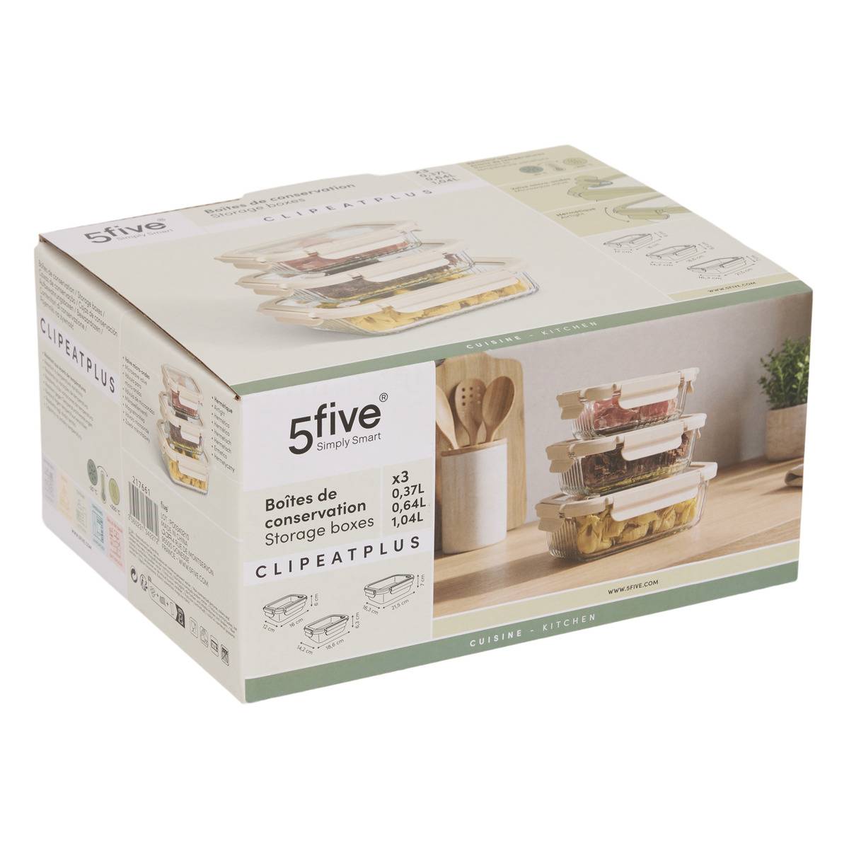 Lot de 3 boîtes de conservation rectangulaires CLIPEAT+ transparent, 5FIVE SIMPLY SMART