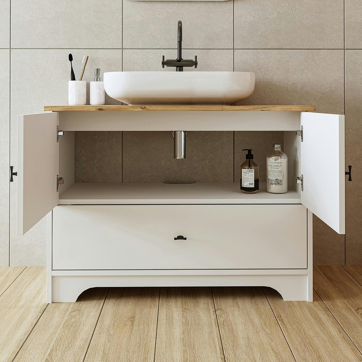 Meuble vasque salle de bains 99 cm blanc 2 portes 1 tiroir DOUNA blanc, PIER IMPORT