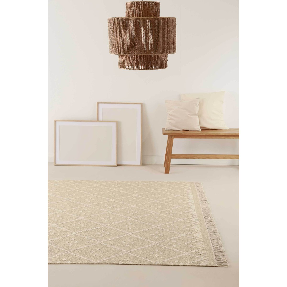 Tapis tissé main en laine motif losange ,  VERMONT crème beige, WECON HOME