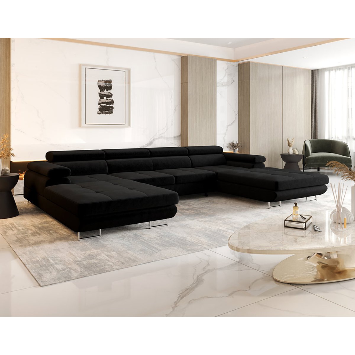 Canapé Panoramique Convertible 7 places - AYDEN noir, BEST MOBILIER