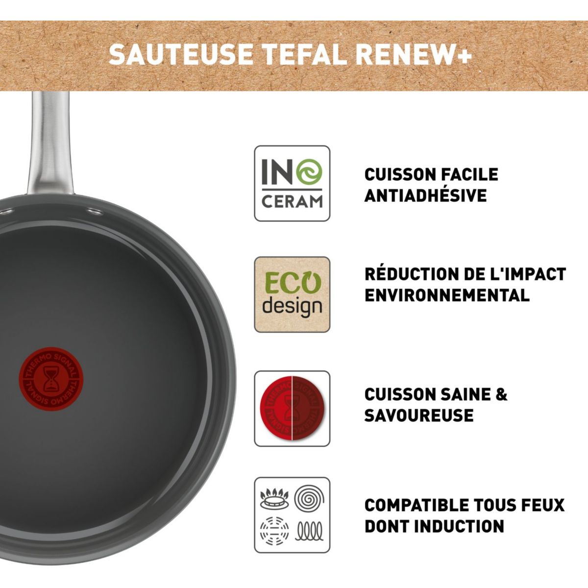 Sauteuse Manche fixe Renew+ 24cm avec couvercle blanc, TEFAL