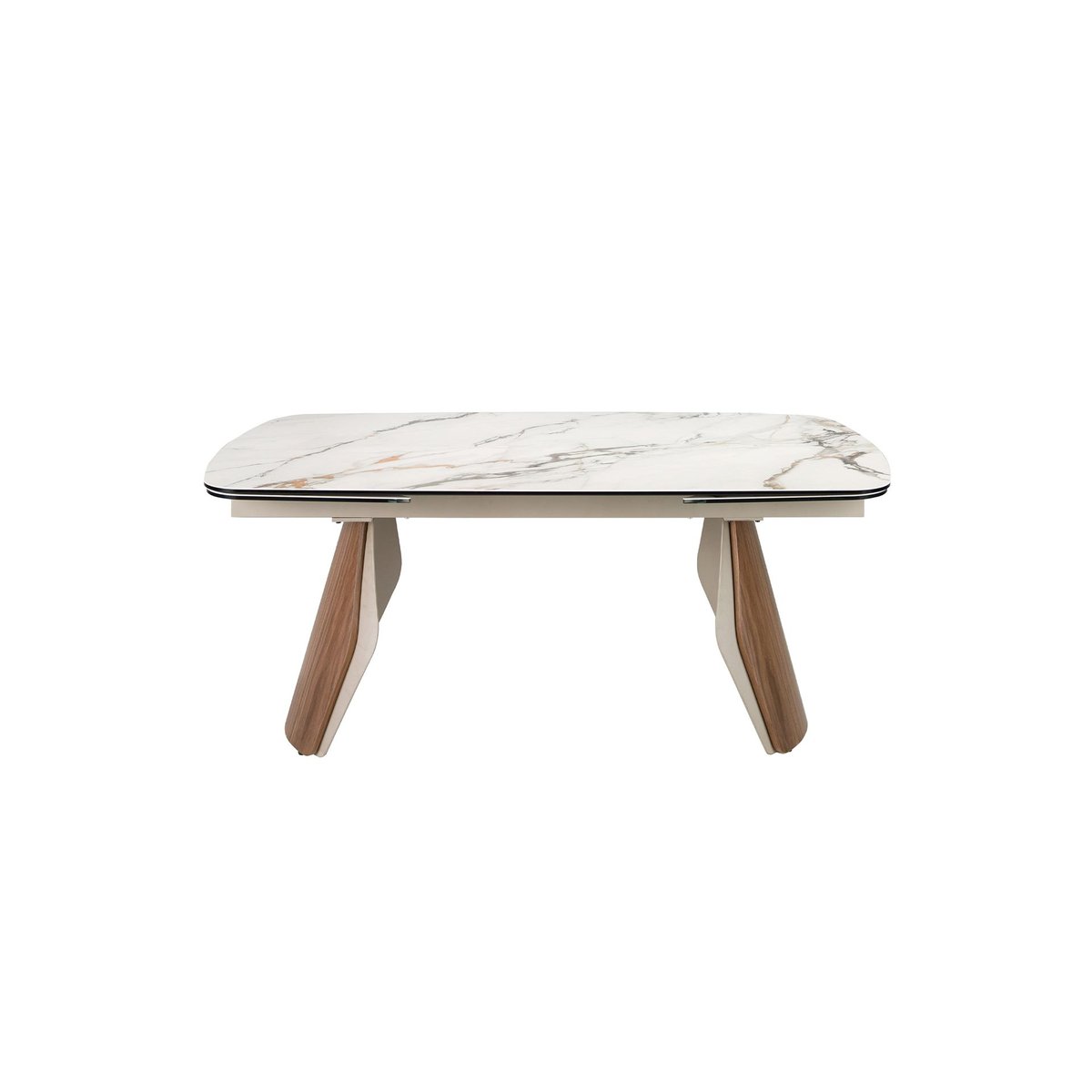 Table de salle à manger extensible ovale en forme de tonneau en marbre porcelanique, acier et bois blanc | sable | noyer, ANGEL CERDA