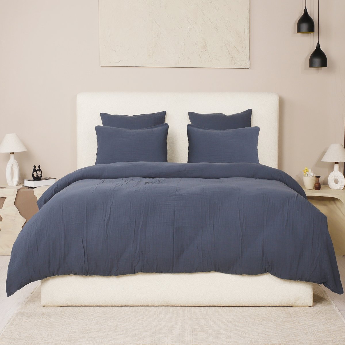 Parure de lit - Housse de couette + taie 100% Gaze de Coton Lavé bleu pétrole, EDEN