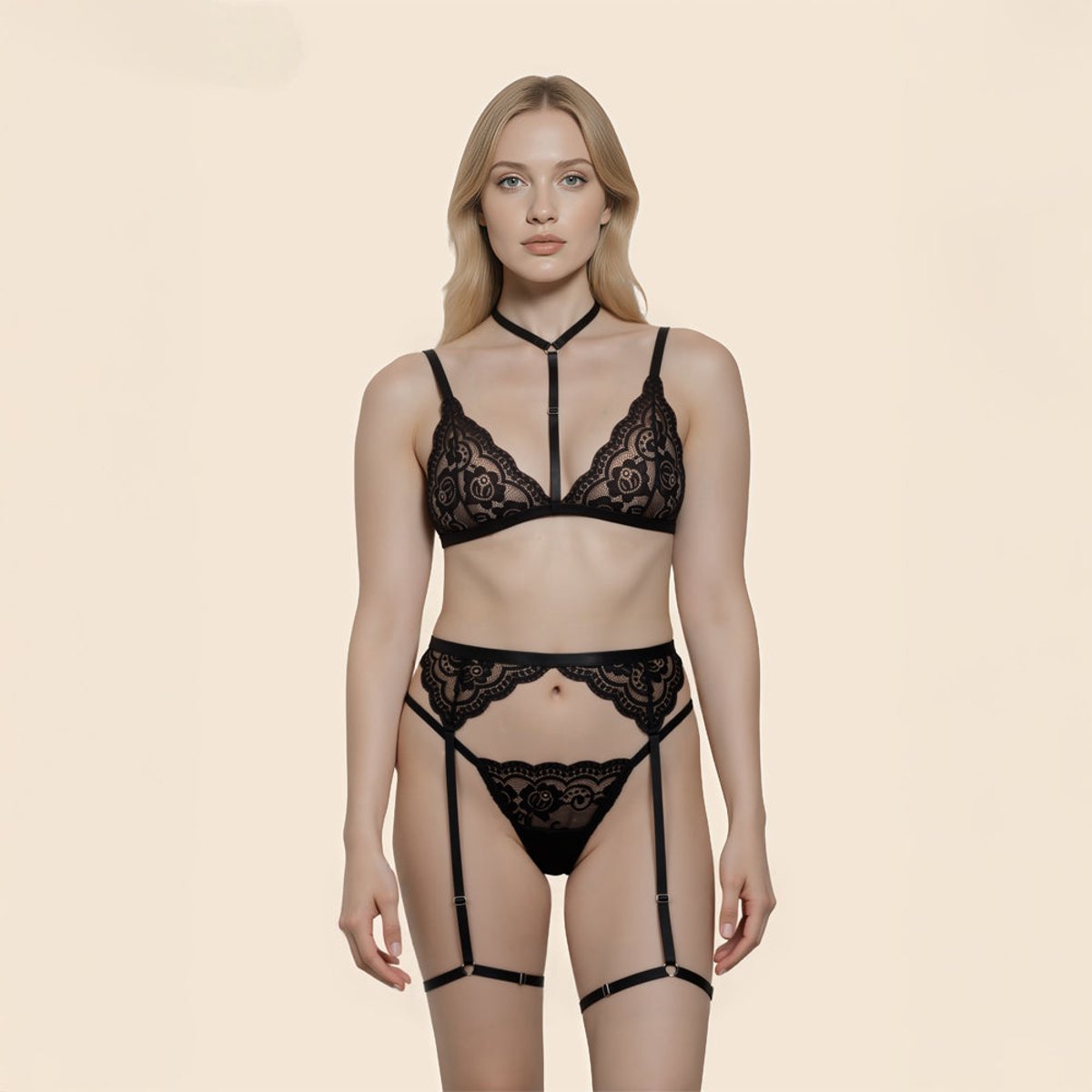 Ensemble 3 pièces à dentelle Bella noir, PASSAGE DU DESIR LINGERIE