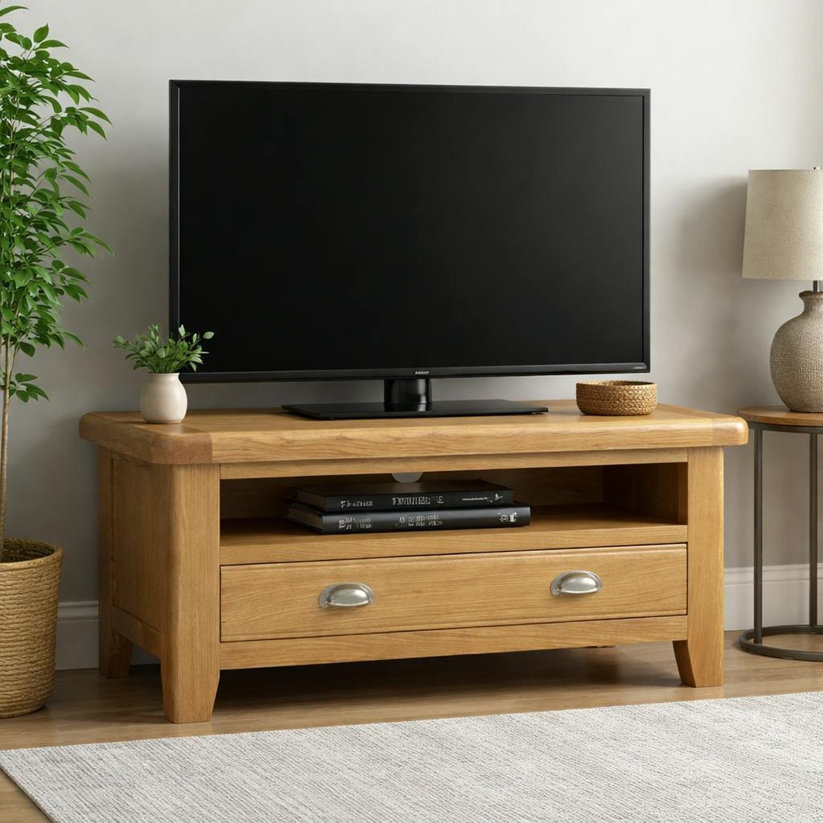 Petit meuble TV en chêne 1 tiroir 1 niche VALMONT bois naturel, PIER IMPORT