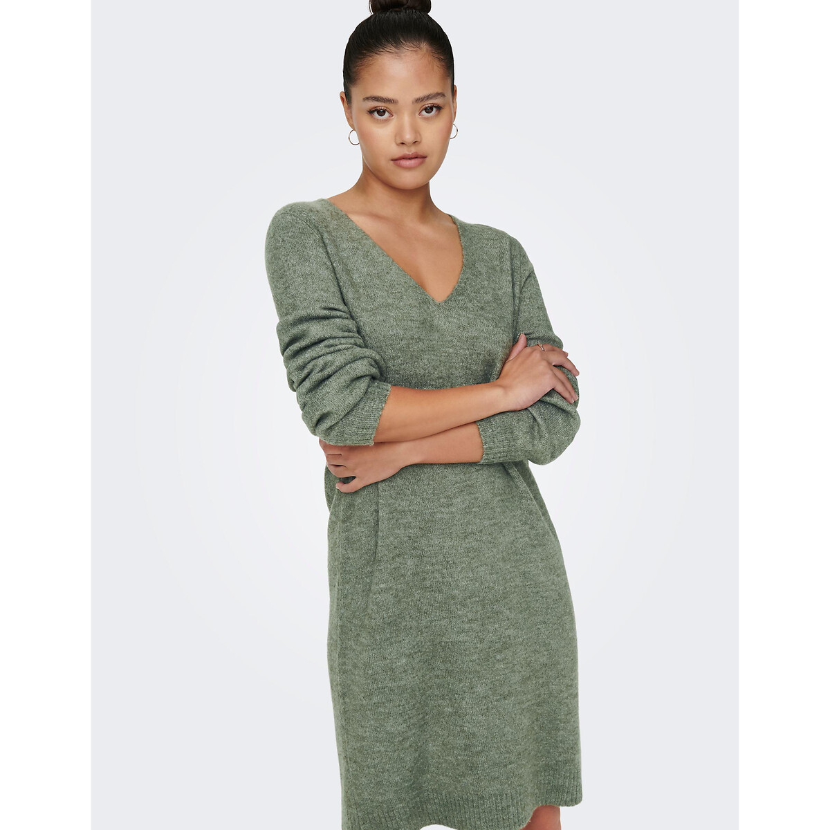 Robe pull col V vert kaki, JDY