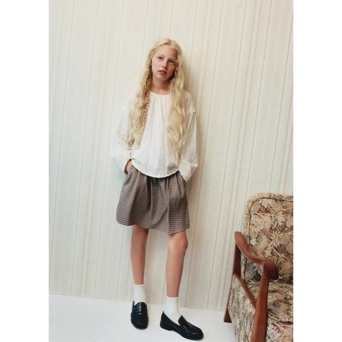 Jupe à carreaux taille élastique beige, MANGO KIDS