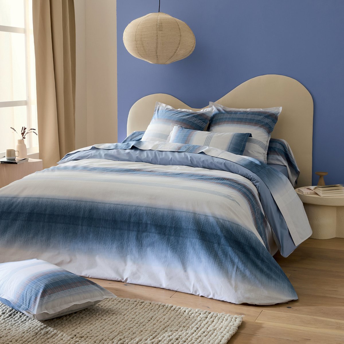 Taie d’oreiller percale de coton dégradé rayé bleu, TRADILINGE