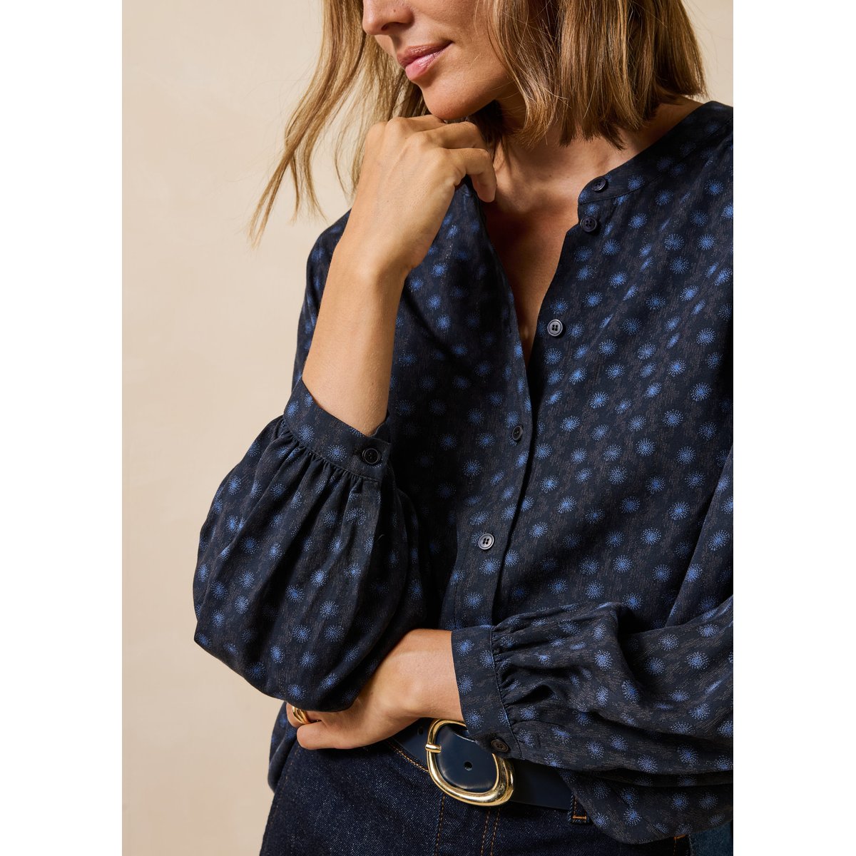 Chemise manches longues col mao à imprimé bleu, LA FEE MARABOUTEE