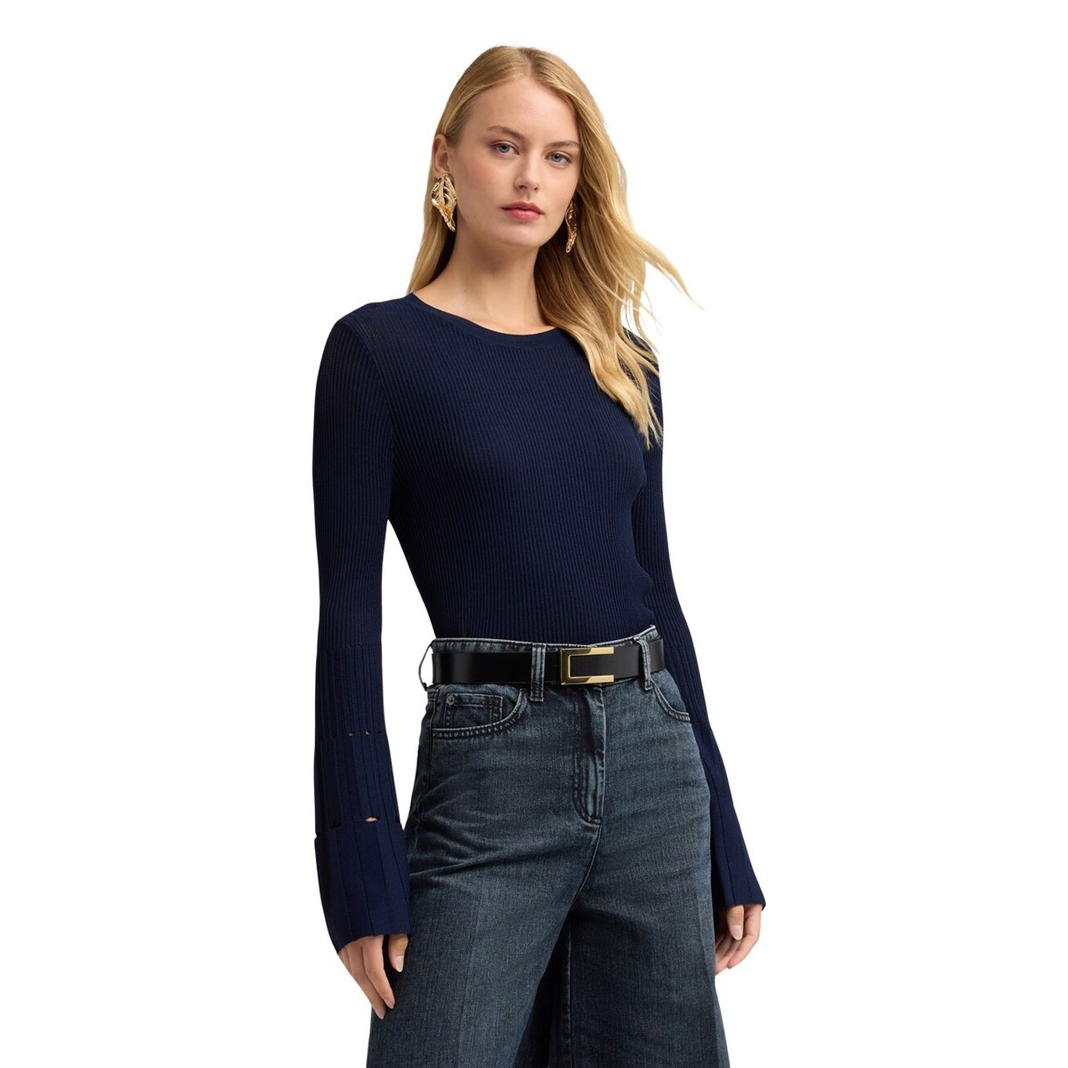 Pull côtelé avec poignet plissé bleu, MOTIVI