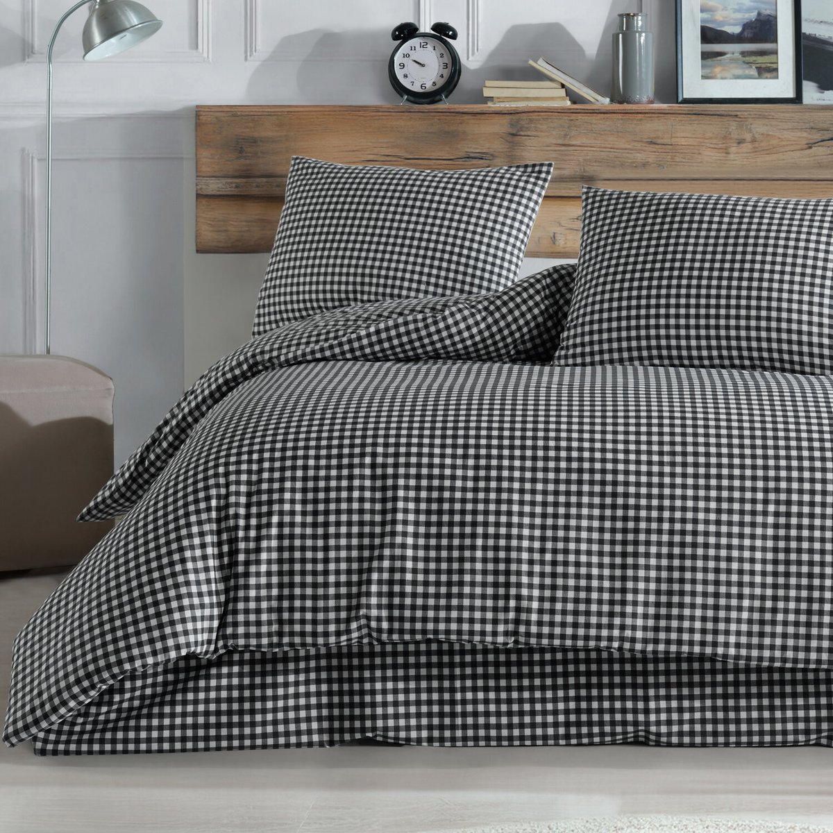 Parure Housse de couette 3 pcs 240x220 cm 100% coton 57 fils imprimé."Vichy noir " blanc / gris / noir, C DESIGN HOME TEXTILE