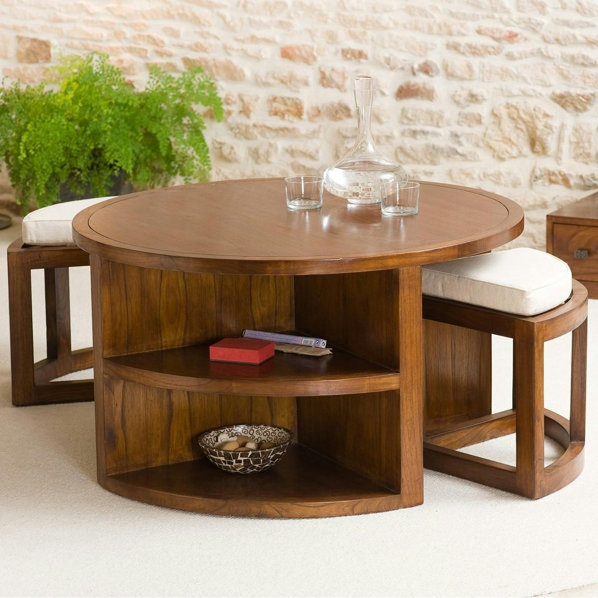 Table basse ronde bois exotique naturel 90cm - inclus 2 tabourets avec coussins LOLA bois naturel, PIER IMPORT