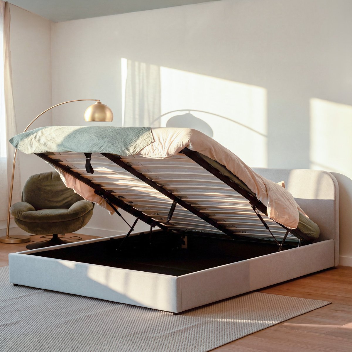 Lit double avec coffre en tissu - TILLY gris/beige, MAISON PAVANE