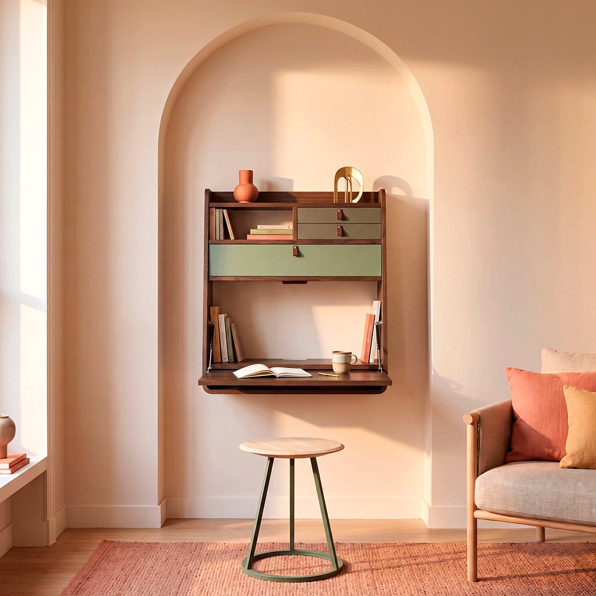 Bureau secrétaire mural en chêne teinté 60 cm, GASTON vert cendré, HARTO