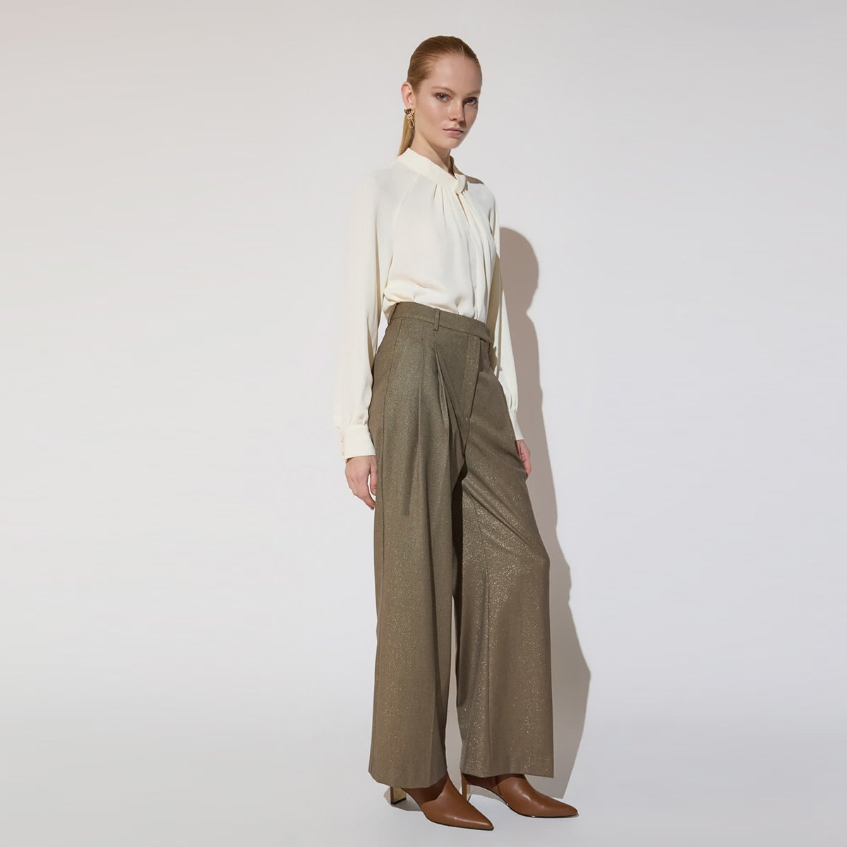 Pantalon palazzo à plis pied-de-poule métallisé carreaux, LOLA CASADEMUNT