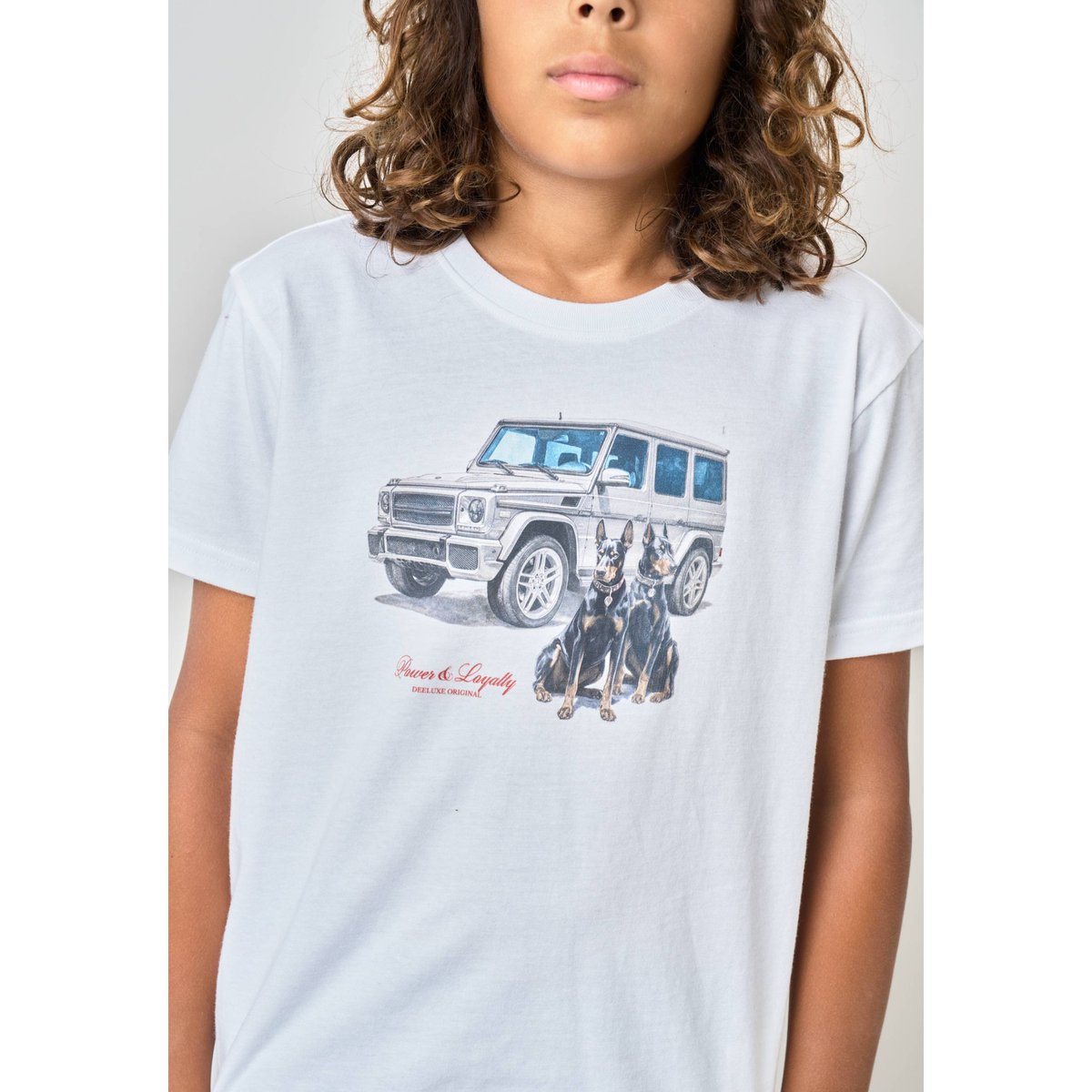 T-shirt confort garçon en coton imprimé voiture & chiens DOBBY white, DEELUXE