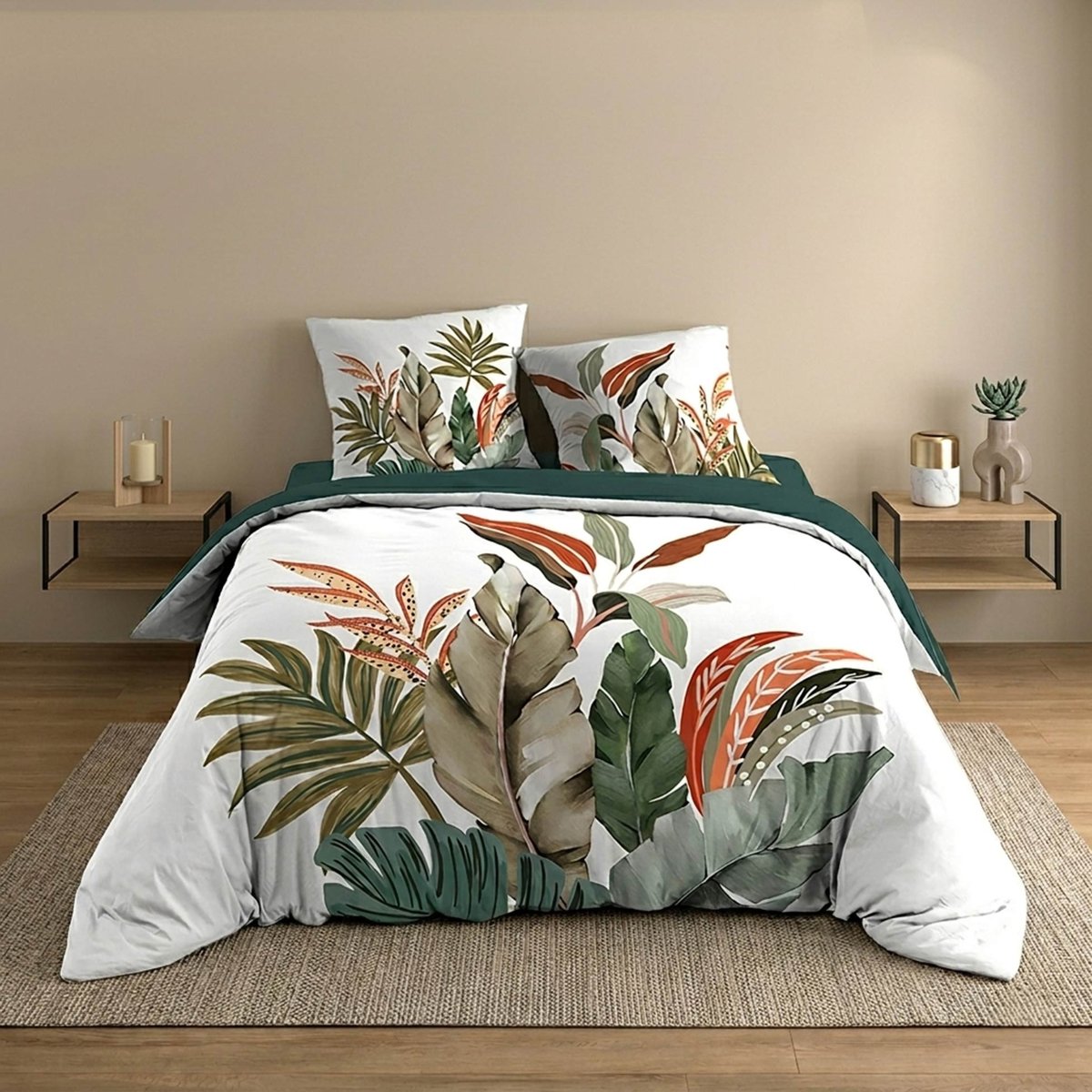 Parure de lit 3 pièces 100 % coton imprimé à motif tropical housse + taies vert, DOUCEUR D'INTÉRIEUR