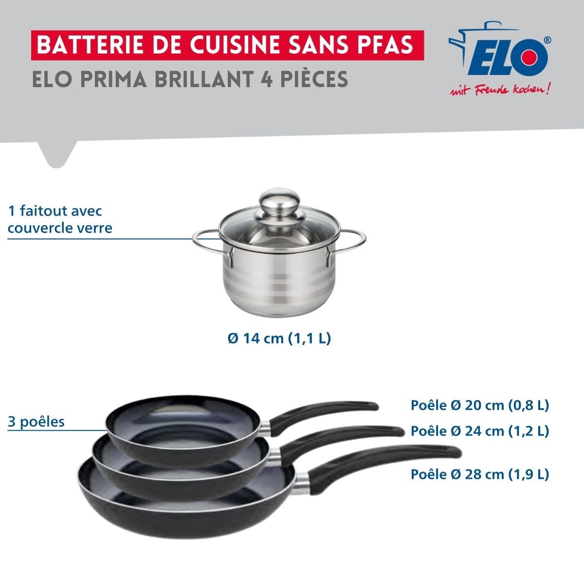 Batterie 3 poêles 20/24/28cm + 1 faitout 14cm PRIMA BRILLANT noir, ELO