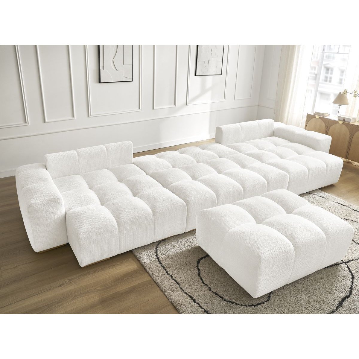 Canapé panoramique convertible 6 places en tissu texturé avec pouf, ANAKIN blanc, BOBOCHIC