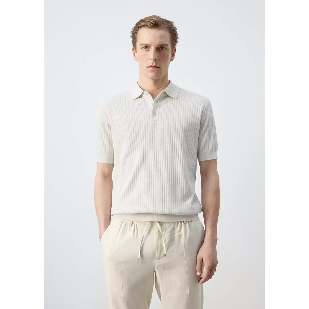 Polo en maille côtelée en mélange de coton sable, MANGO MAN