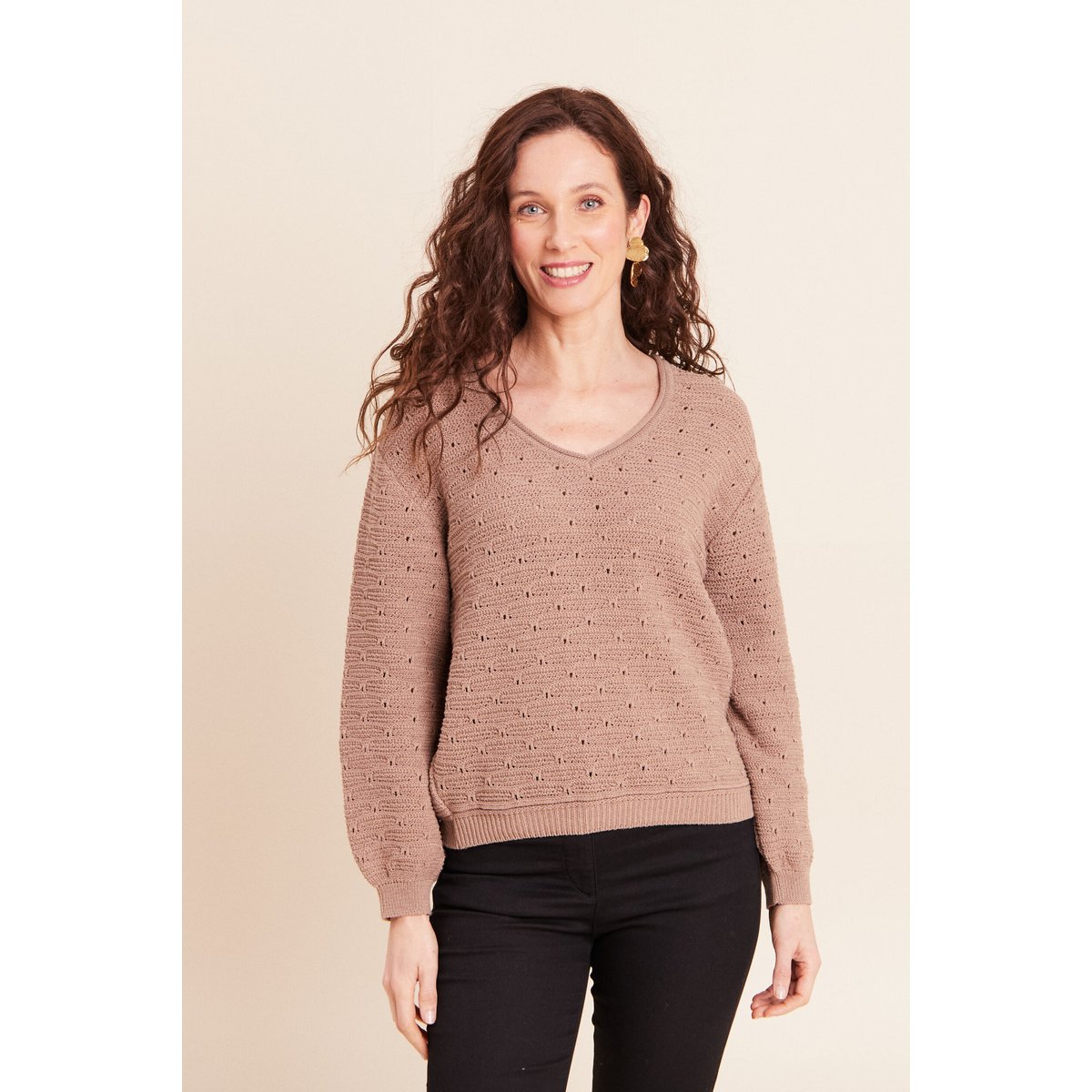 Pull droit long col v manches longues sable, BREAL
