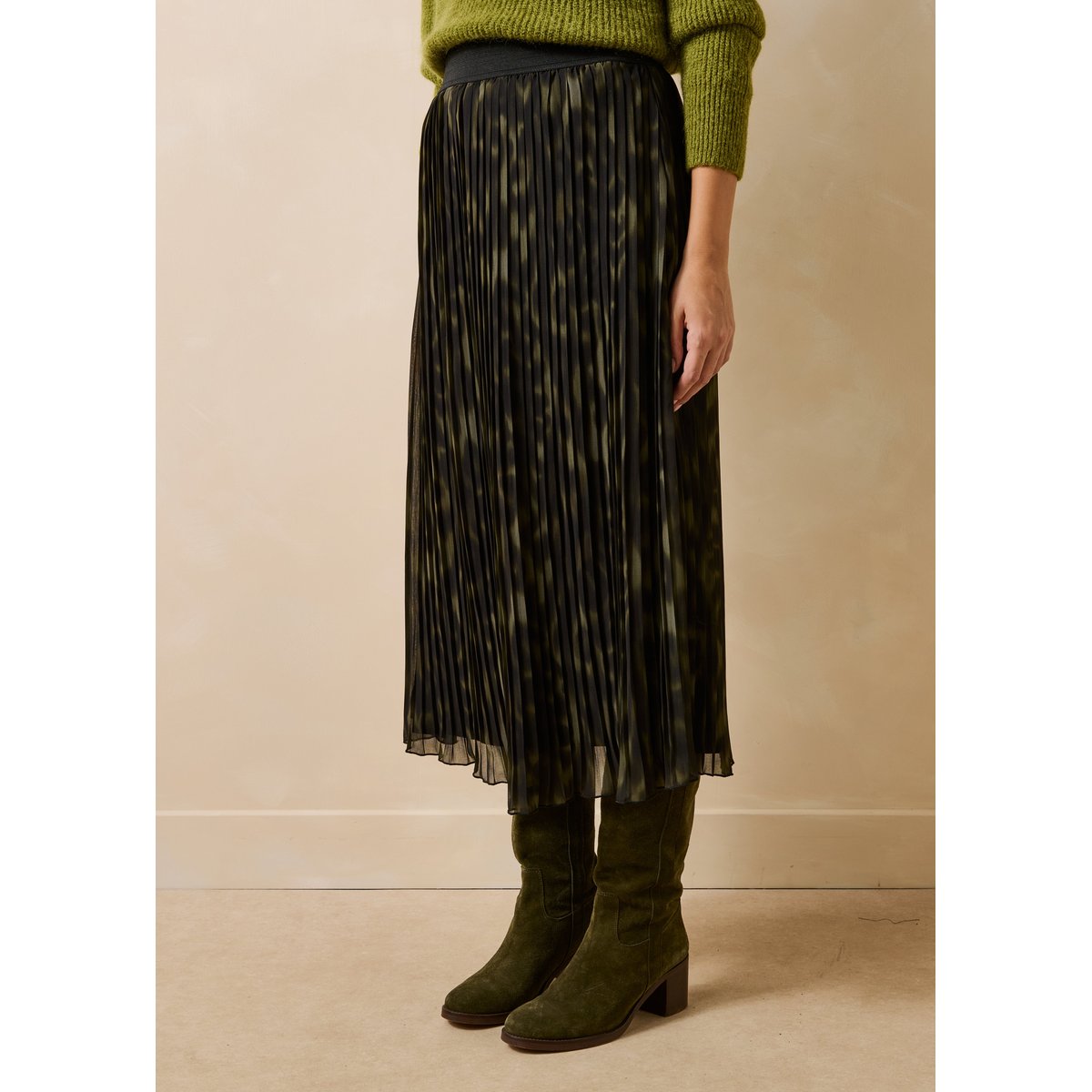 Jupe longue plissée à imprimé tie & dye kaki, LA FEE MARABOUTEE