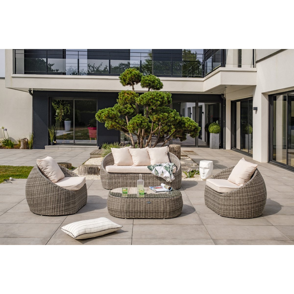 Salon de jardin 5 places en résine tressée rondee PVC-ISA-SALON gris clair, DCB GARDEN