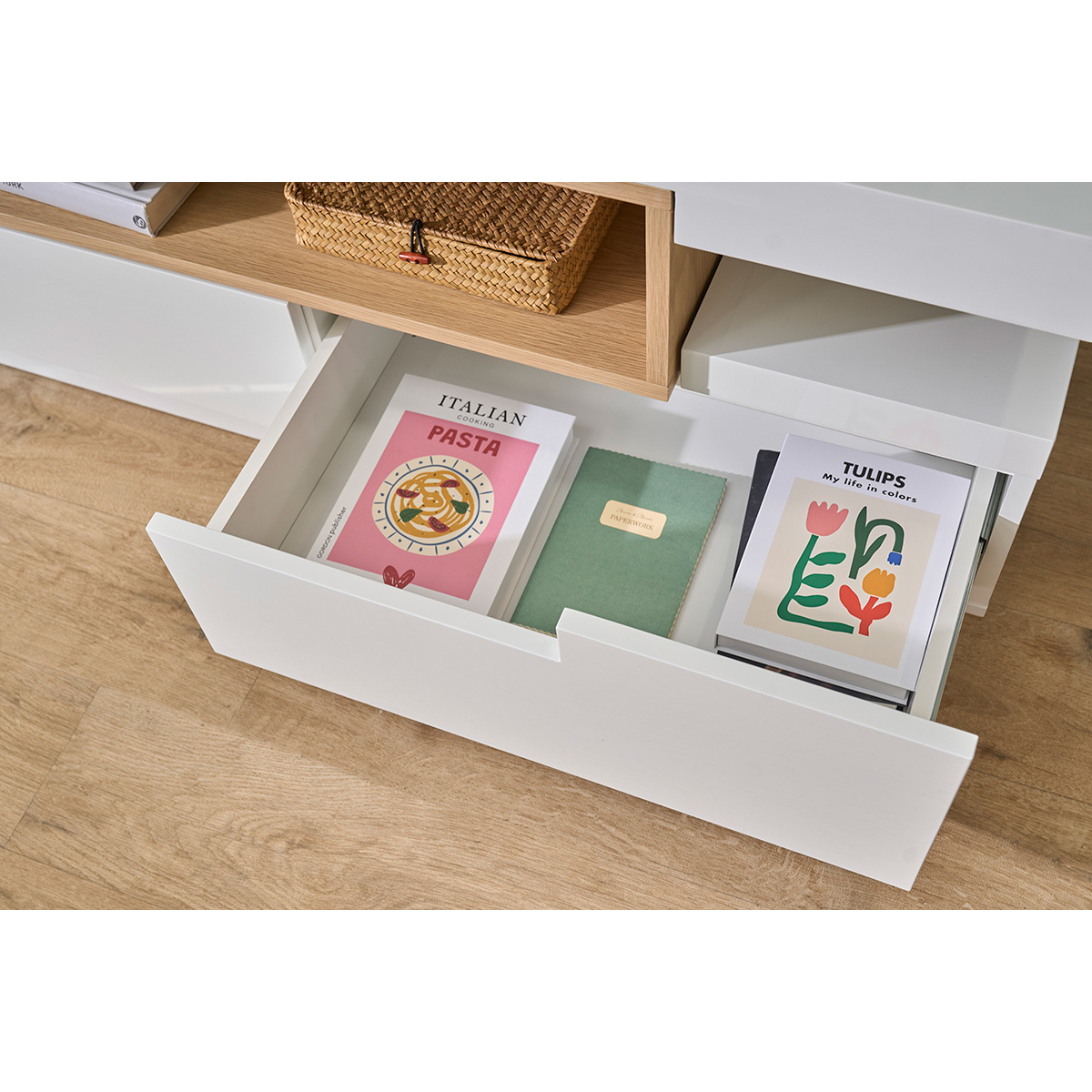 Meuble TV design blanc laqué brillant et bois L200 cm LIVO blanc, MILIBOO