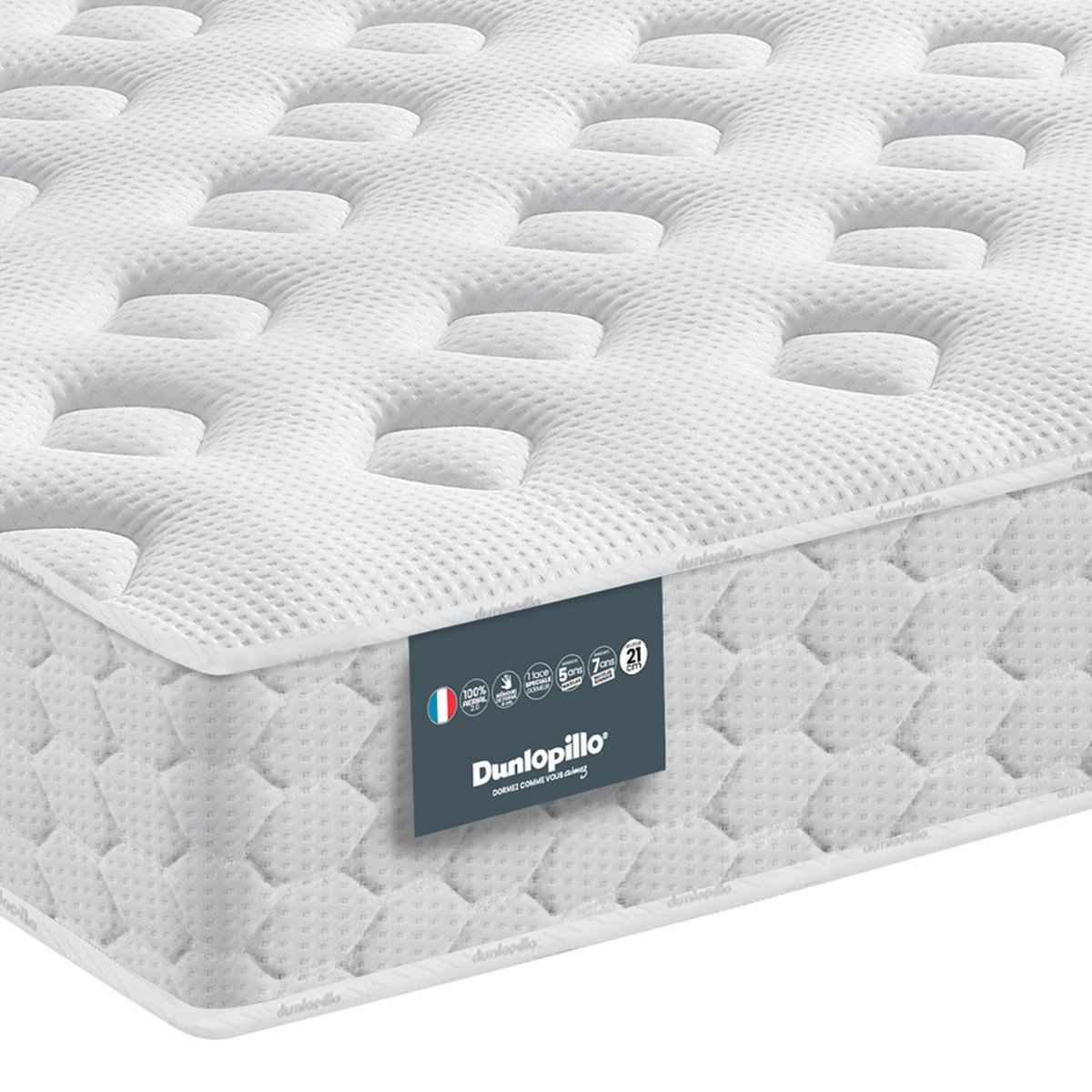 Matelas mousse mémoire, sommier pieds NARCISSE blanc, DUNLOPILLO