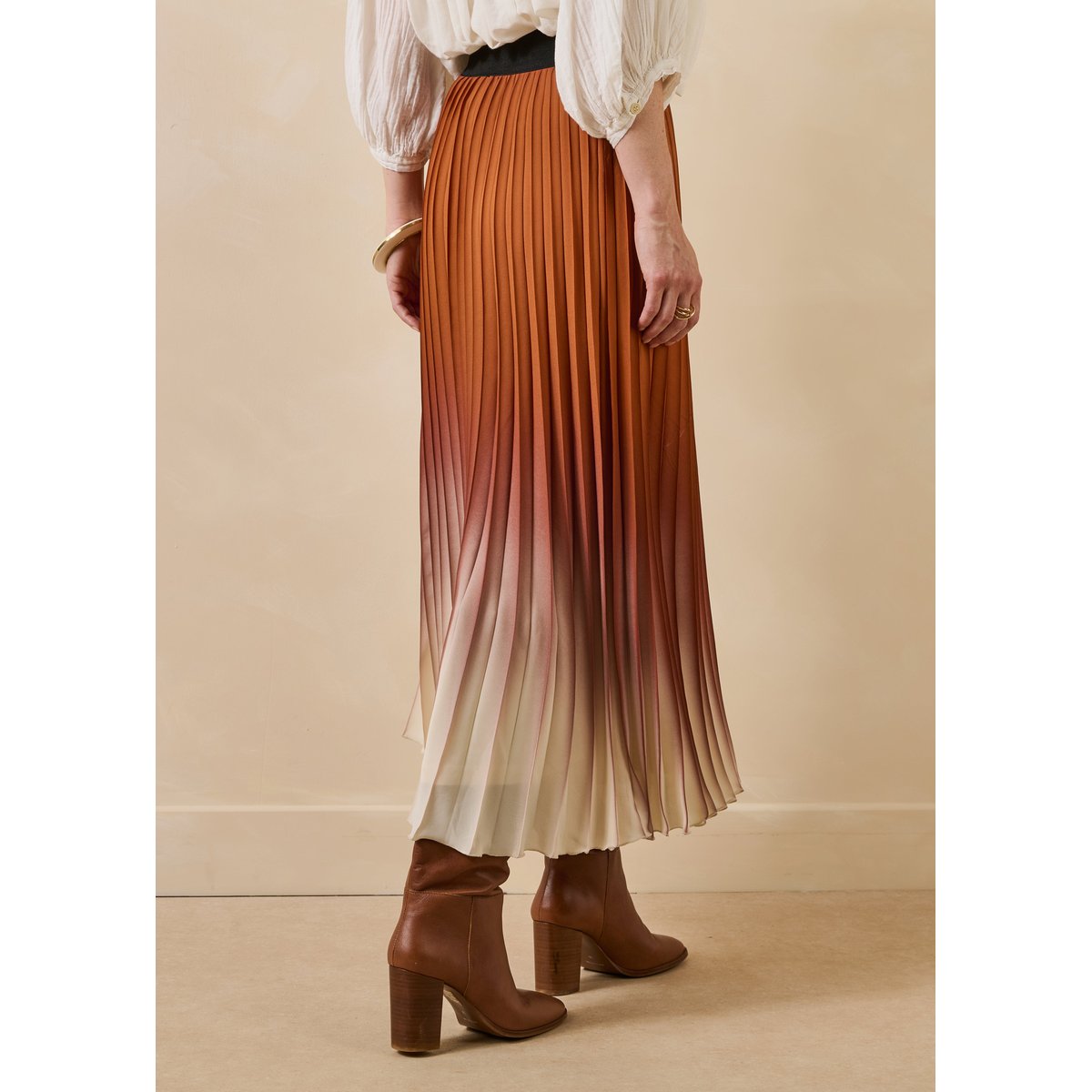 Jupe longue plissée à imprimé tie & dye chocolat, LA FEE MARABOUTEE