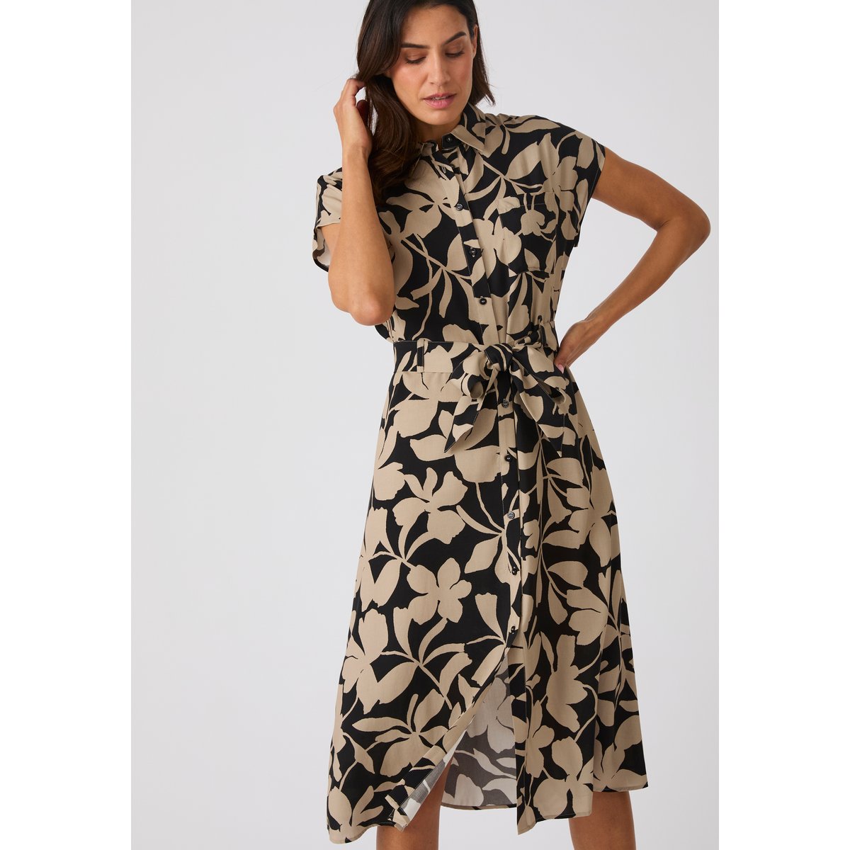 Robe-chemise pure viscose marron noir fleuri, DAMART