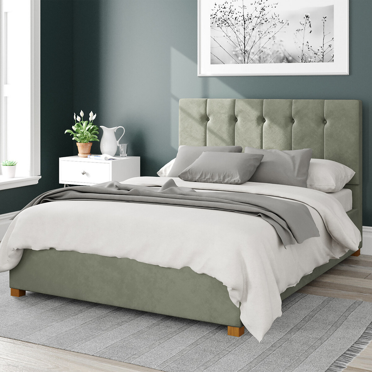 Hepburn Plush Velvet Storage Ottoman Bed with Vertical Buttoned Upholstered Headboard duck egg blue, ASPIRE