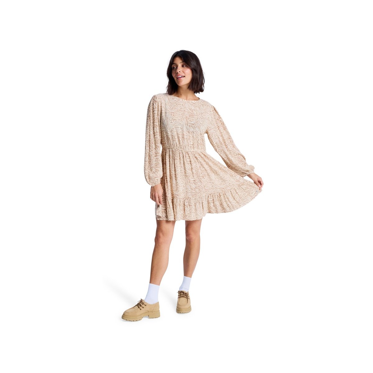 Mini robe imprimée à col rond et à manches longues PARADISE BREEZE. beige parchment animal floral, ROXY