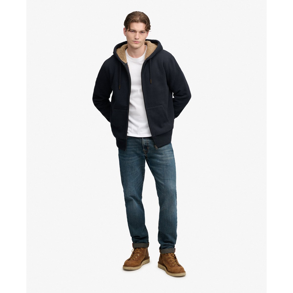 Sweat à capuche zippé doublé en Borg bleu marine éclipse, SUPERDRY