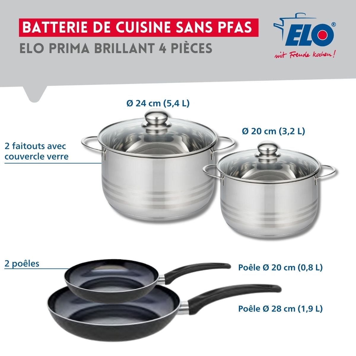 Batterie 2 poêles 20/28cm + 2 faitouts 20/24cm PRIMA BRILLANT noir, ELO