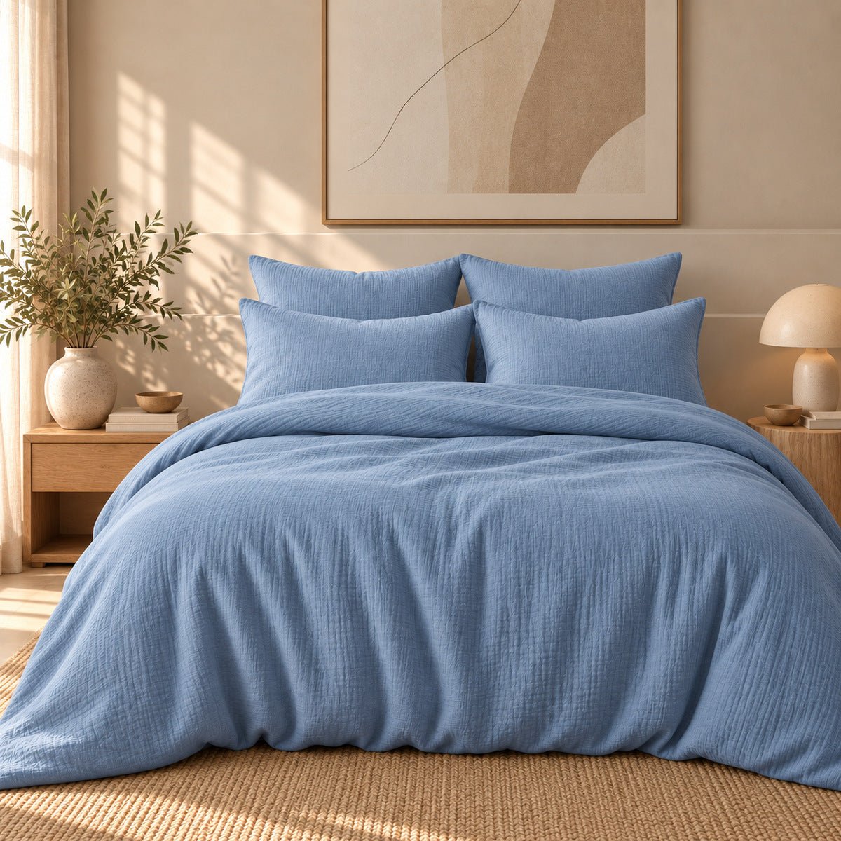 Parure + taies 50x70 gaze de coton ALMA Made in Europe bleu, FEBRONIE
