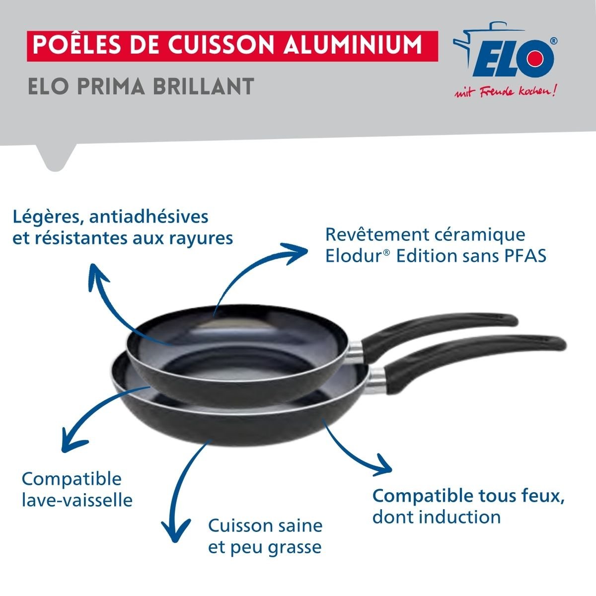 Batterie 2 poêles 28/32cm + 1 faitout 12cm PRIMA BRILLANT noir, ELO
