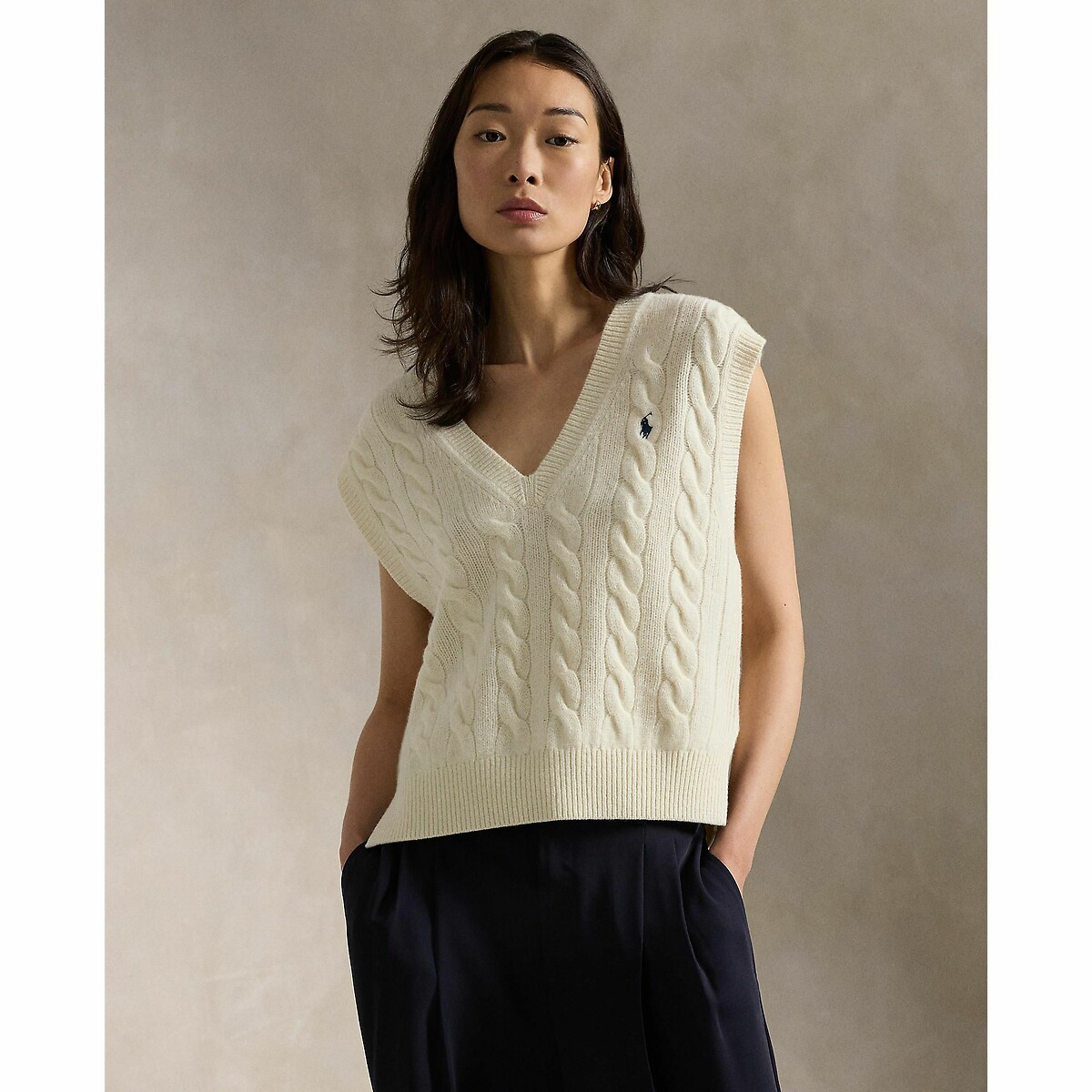Pull sans manches col v logo poitrine crème, POLO RALPH LAUREN