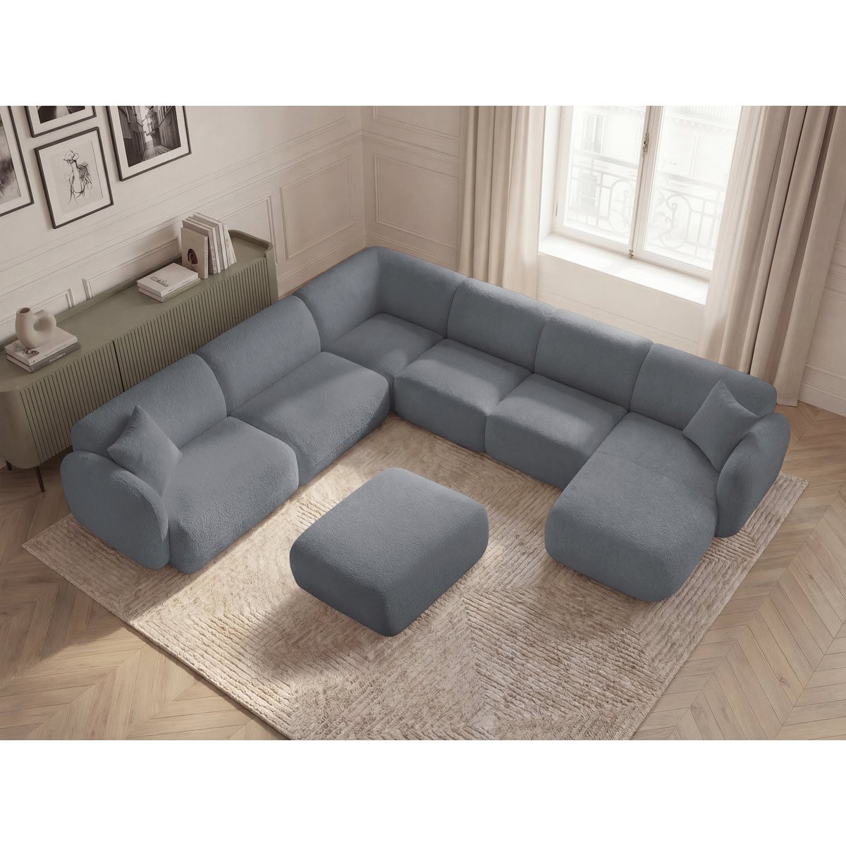 Canapé modulable 6 places en tissu chenille, ANDA gris, BOBOCHIC